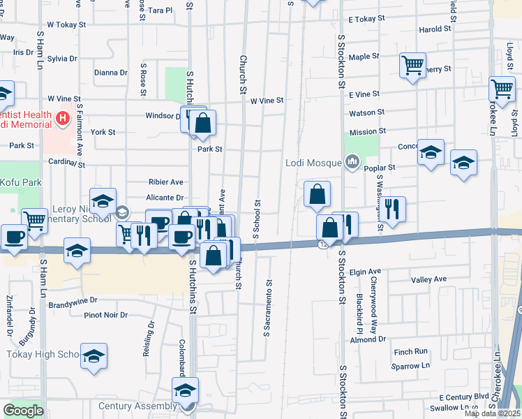 map of restaurants, bars, coffee shops, grocery stores, and more near 1244 South School Street in Lodi