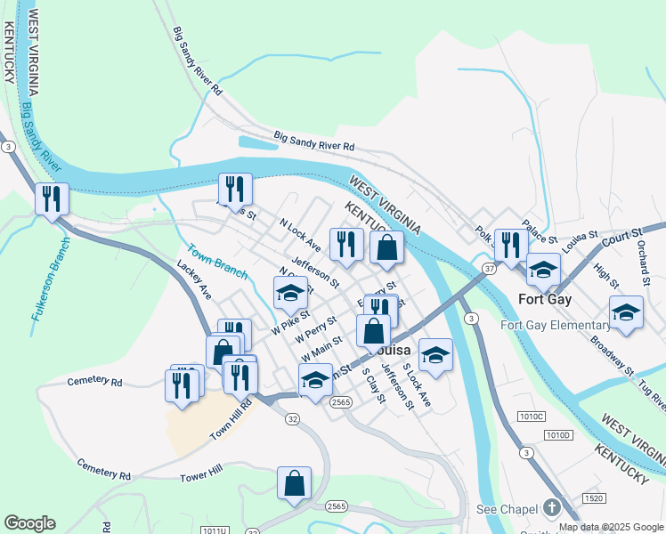 map of restaurants, bars, coffee shops, grocery stores, and more near 421-427 North Lock Avenue in Louisa