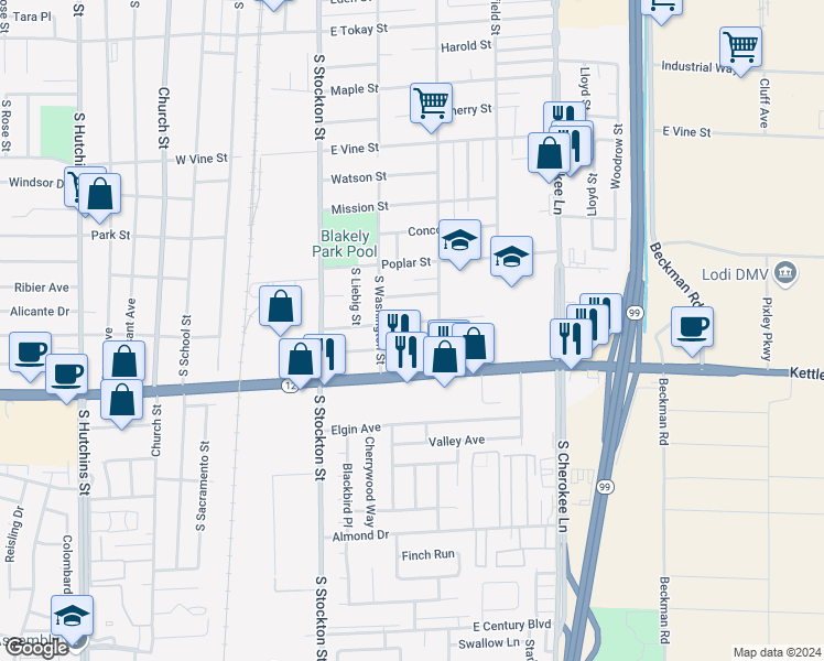map of restaurants, bars, coffee shops, grocery stores, and more near 325 Acacia Street in Lodi