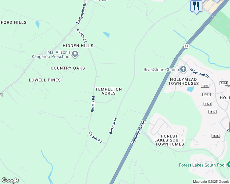 map of restaurants, bars, coffee shops, grocery stores, and more near 1250 Templeton Circle in Earlysville
