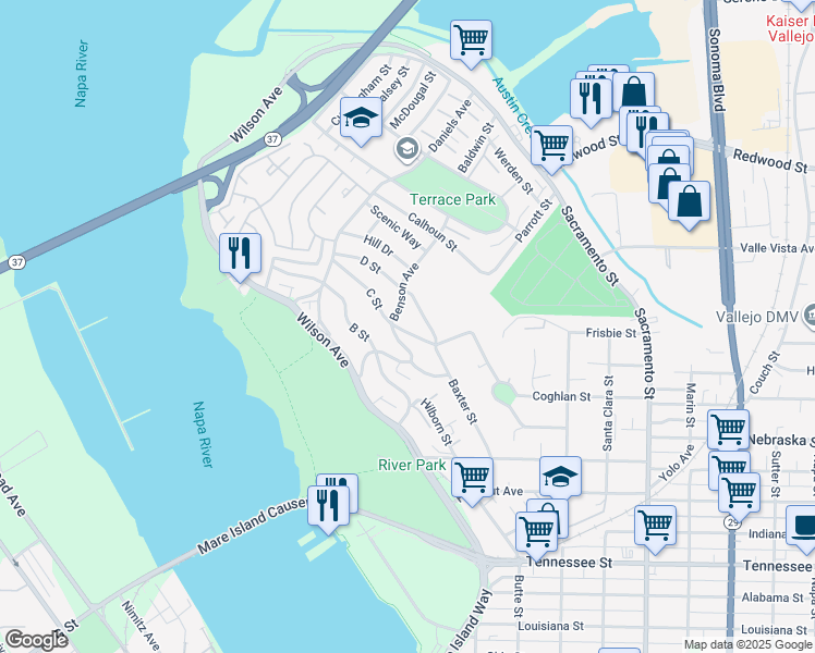map of restaurants, bars, coffee shops, grocery stores, and more near 90 C Street in Vallejo