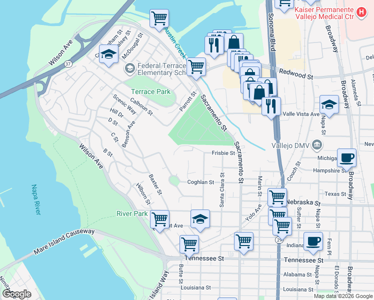 map of restaurants, bars, coffee shops, grocery stores, and more near 6 Phelps Street in Vallejo