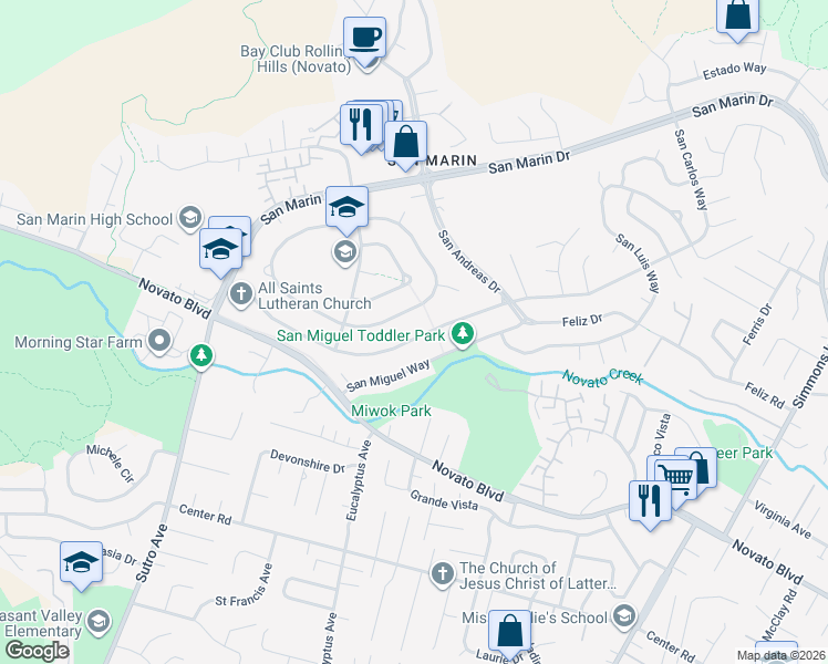 map of restaurants, bars, coffee shops, grocery stores, and more near 139 San Carlos Way in Novato