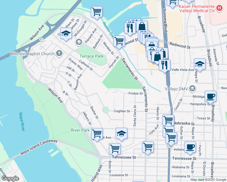 map of restaurants, bars, coffee shops, grocery stores, and more near 1 Frisbie Street in Vallejo