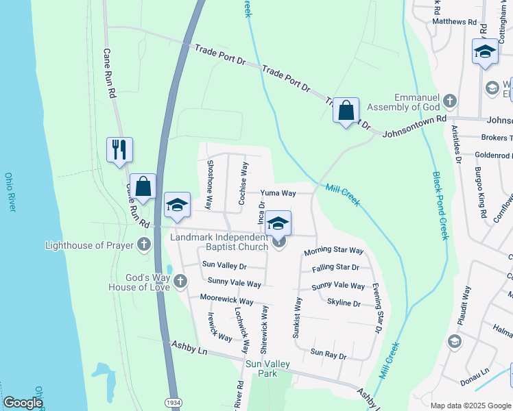 map of restaurants, bars, coffee shops, grocery stores, and more near 9604 Inca Drive in Louisville