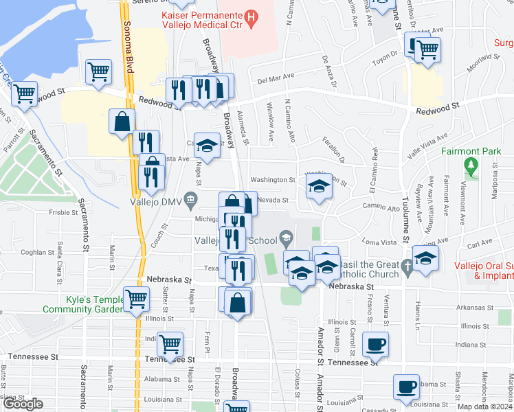 map of restaurants, bars, coffee shops, grocery stores, and more near 338 Nevada Street in Vallejo