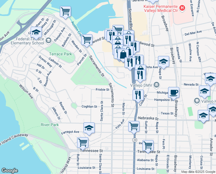 map of restaurants, bars, coffee shops, grocery stores, and more near in Vallejo