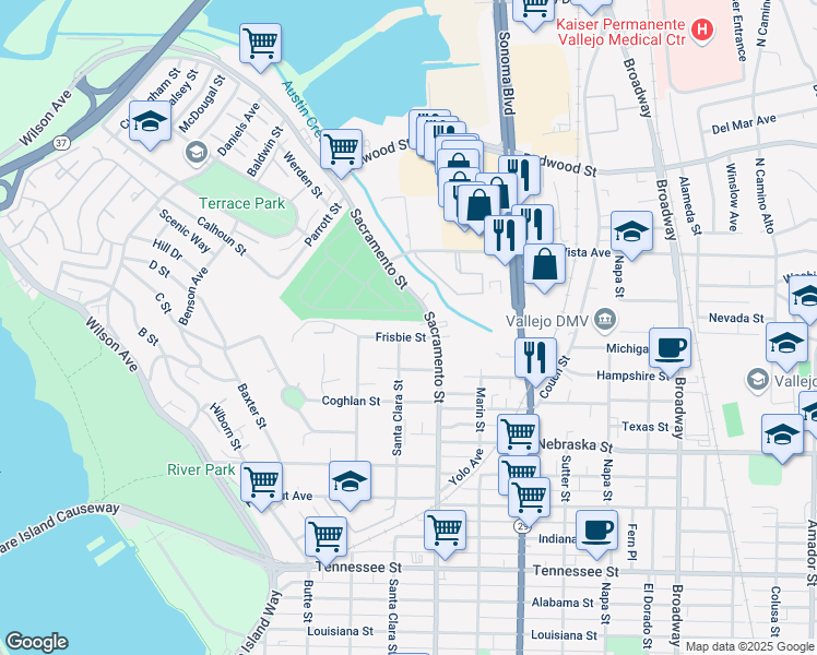 map of restaurants, bars, coffee shops, grocery stores, and more near in Vallejo
