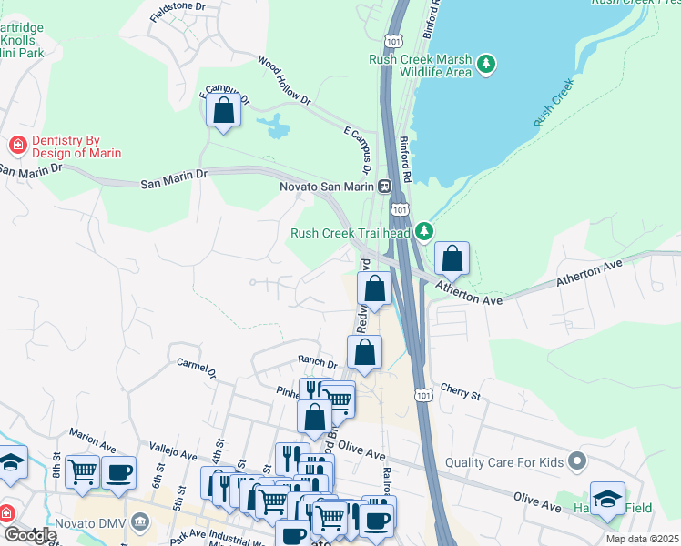 map of restaurants, bars, coffee shops, grocery stores, and more near 224 Escallonia Drive in Novato