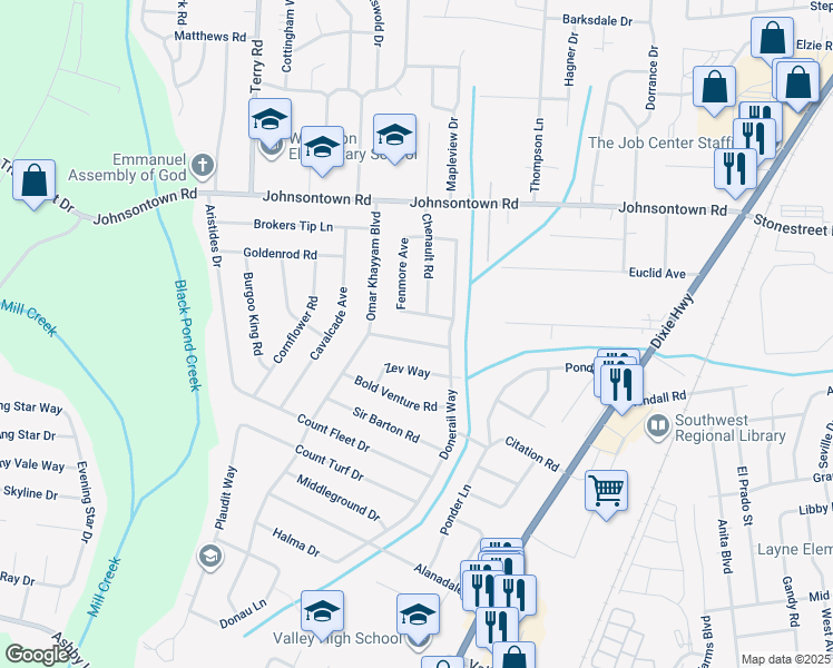 map of restaurants, bars, coffee shops, grocery stores, and more near 5407 Wintergreen Road in Louisville
