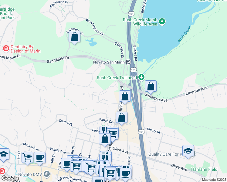 map of restaurants, bars, coffee shops, grocery stores, and more near 224 Escallonia Drive in Novato