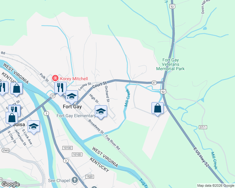 map of restaurants, bars, coffee shops, grocery stores, and more near 74 Pauley Court in Fort Gay