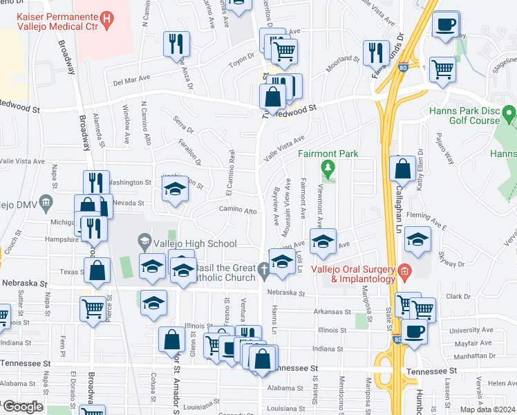 map of restaurants, bars, coffee shops, grocery stores, and more near 228 Camino Alto in Vallejo