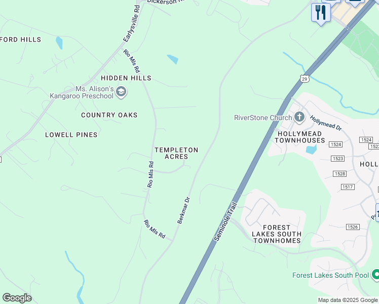 map of restaurants, bars, coffee shops, grocery stores, and more near 1250 Templeton Circle in Earlysville