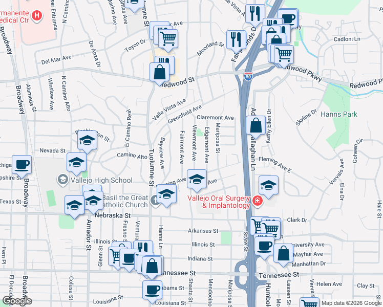 map of restaurants, bars, coffee shops, grocery stores, and more near 174 Fairmont Avenue in Vallejo