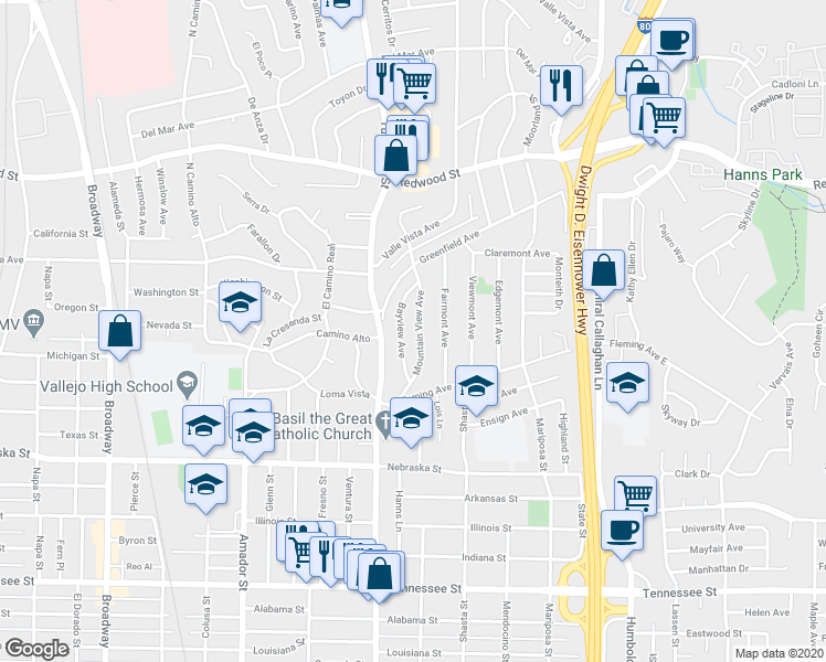 map of restaurants, bars, coffee shops, grocery stores, and more near 160 Mountain View Avenue in Vallejo