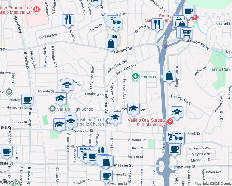 map of restaurants, bars, coffee shops, grocery stores, and more near 160 Mountain View Avenue in Vallejo
