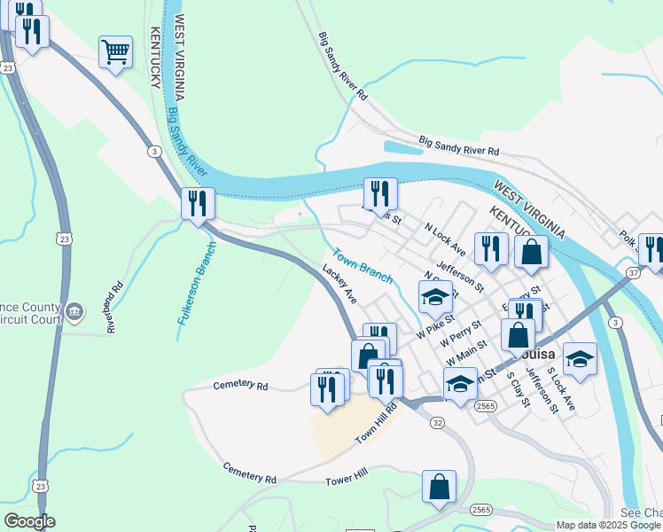 map of restaurants, bars, coffee shops, grocery stores, and more near 8 Lackey Avenue in Louisa