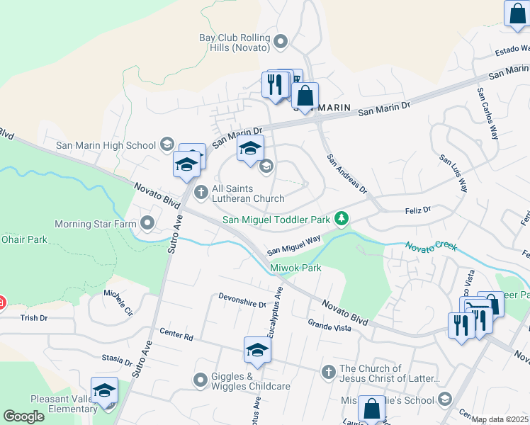 map of restaurants, bars, coffee shops, grocery stores, and more near San Ramon Way & San Felipe Way in Novato