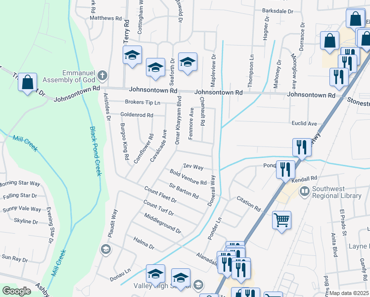map of restaurants, bars, coffee shops, grocery stores, and more near 5415 Wintergreen Road in Louisville