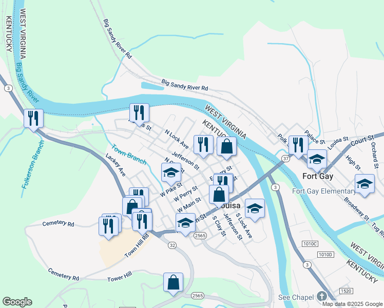 map of restaurants, bars, coffee shops, grocery stores, and more near 421 North Lock Avenue in Louisa