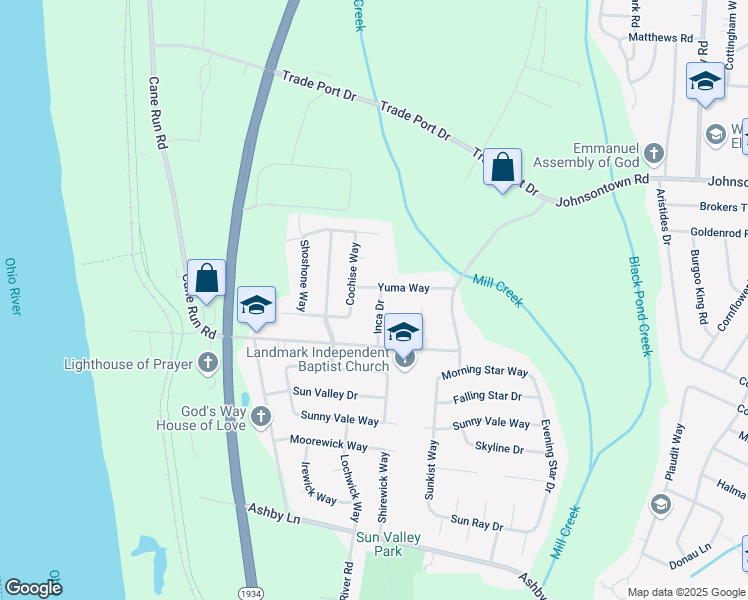 map of restaurants, bars, coffee shops, grocery stores, and more near 9604 Inca Drive in Louisville