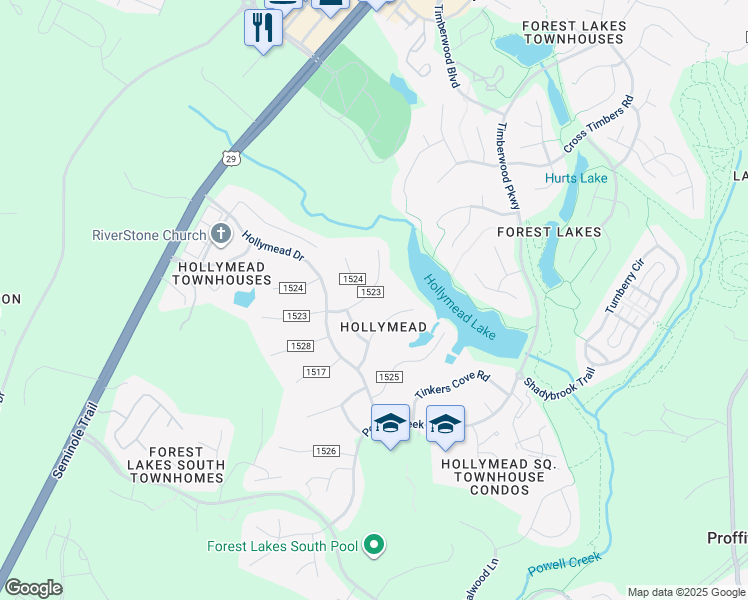map of restaurants, bars, coffee shops, grocery stores, and more near 1705 Goldentree Place in Charlottesville