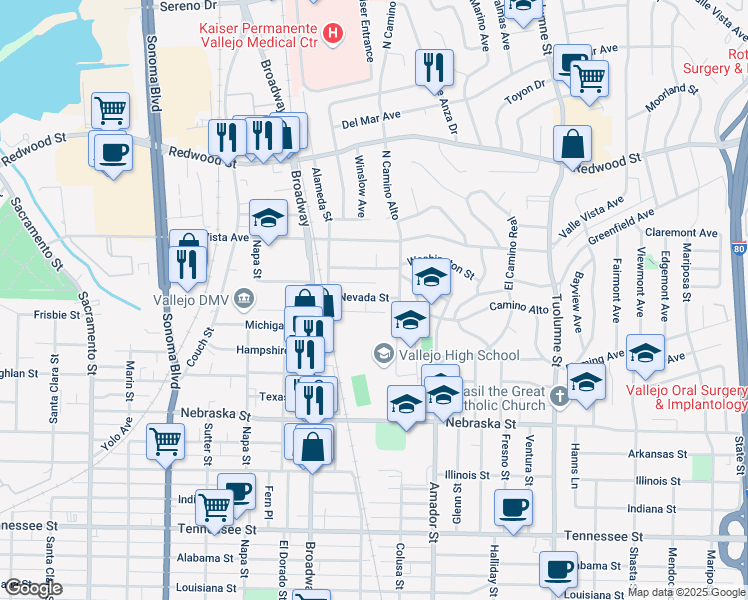 map of restaurants, bars, coffee shops, grocery stores, and more near 418 Nevada Street in Vallejo
