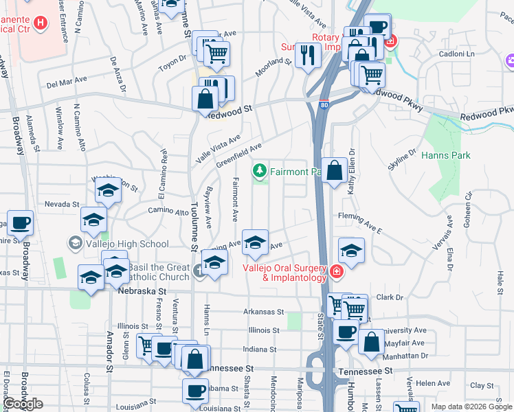 map of restaurants, bars, coffee shops, grocery stores, and more near 179 Edgemont Avenue in Vallejo