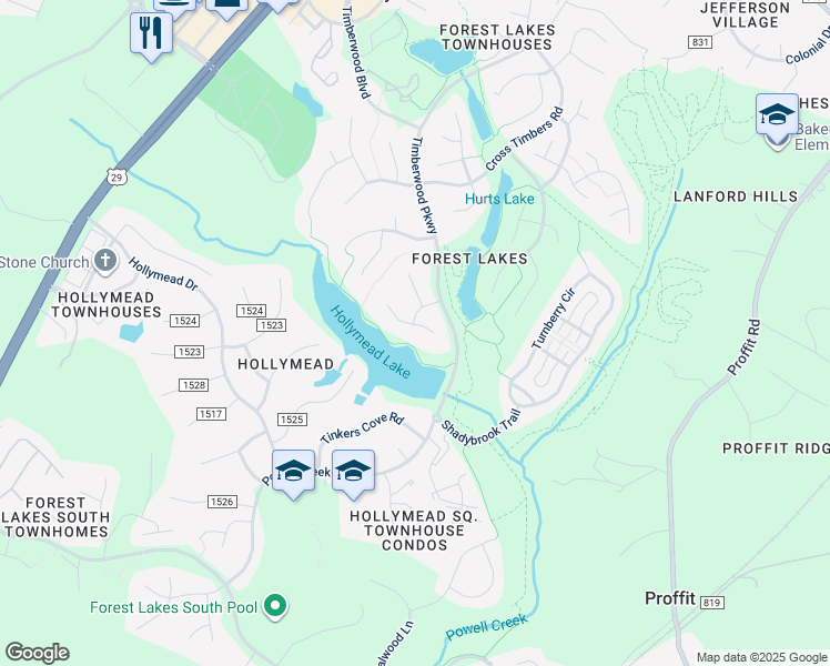 map of restaurants, bars, coffee shops, grocery stores, and more near 2968 Cove Trce in Charlottesville