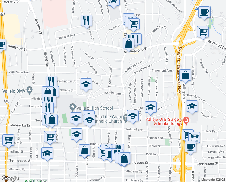 map of restaurants, bars, coffee shops, grocery stores, and more near 204 Camino Alto in Vallejo