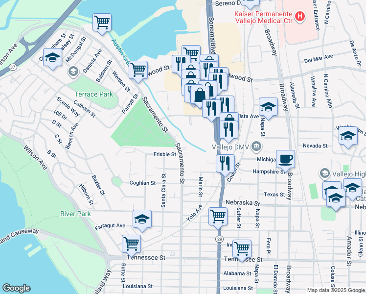 map of restaurants, bars, coffee shops, grocery stores, and more near 2118 Sacramento Street in Vallejo