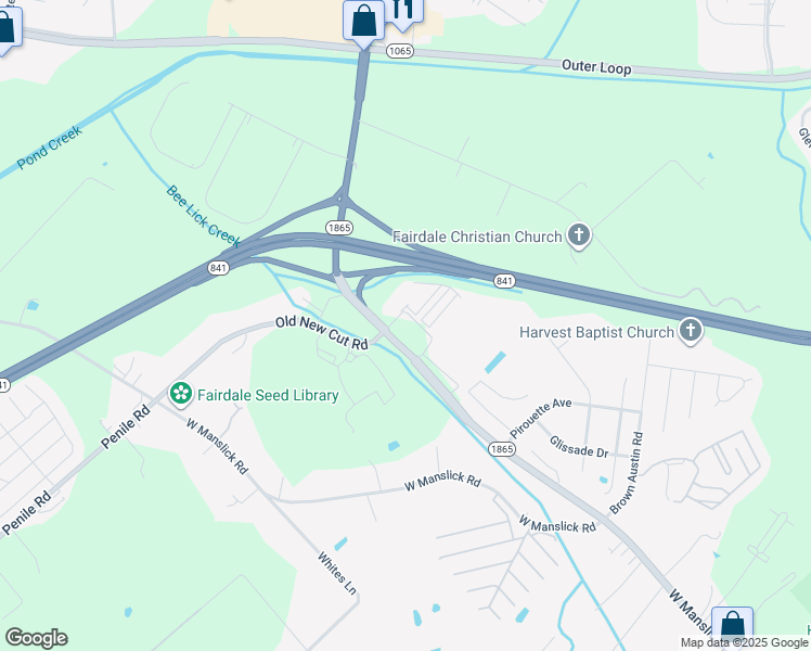 map of restaurants, bars, coffee shops, grocery stores, and more near 6311 New Cut Road in Louisville
