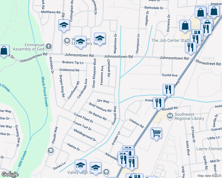 map of restaurants, bars, coffee shops, grocery stores, and more near 5402 Catalina Avenue in Louisville