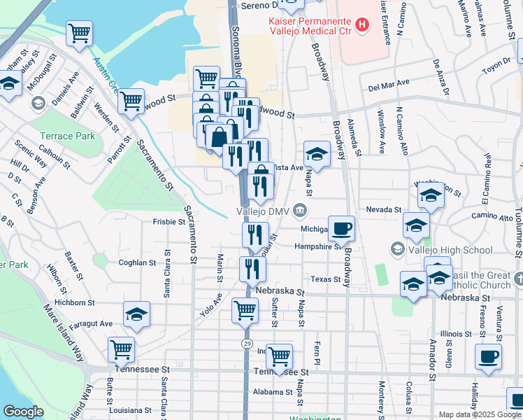 map of restaurants, bars, coffee shops, grocery stores, and more near 3200-3252 Sonoma Blvd in Vallejo