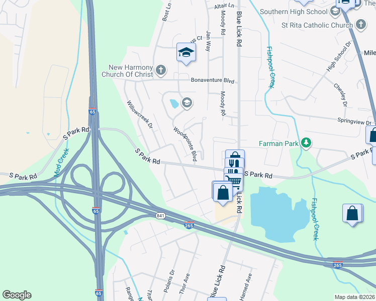 map of restaurants, bars, coffee shops, grocery stores, and more near 9005 Falcon Crest Drive in Louisville