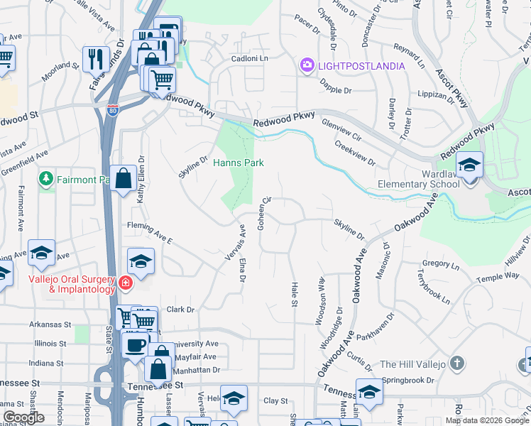 map of restaurants, bars, coffee shops, grocery stores, and more near 121 Lair Court in Vallejo