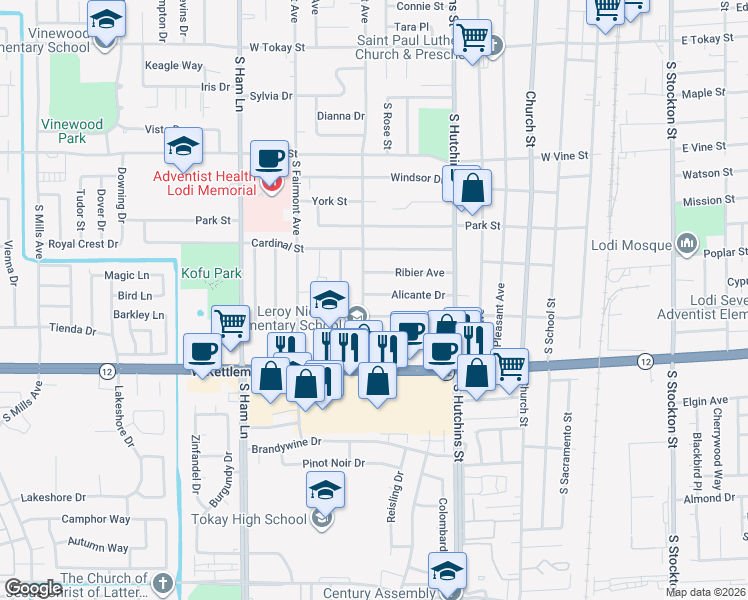map of restaurants, bars, coffee shops, grocery stores, and more near 716 Alicante Drive in Lodi