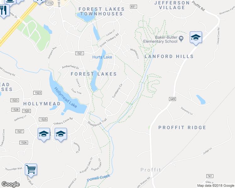 map of restaurants, bars, coffee shops, grocery stores, and more near 3171 Turnberry Circle in Charlottesville