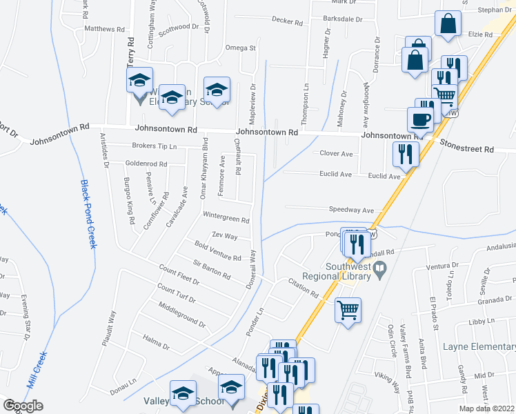 map of restaurants, bars, coffee shops, grocery stores, and more near 9227 Donerail Way in Louisville