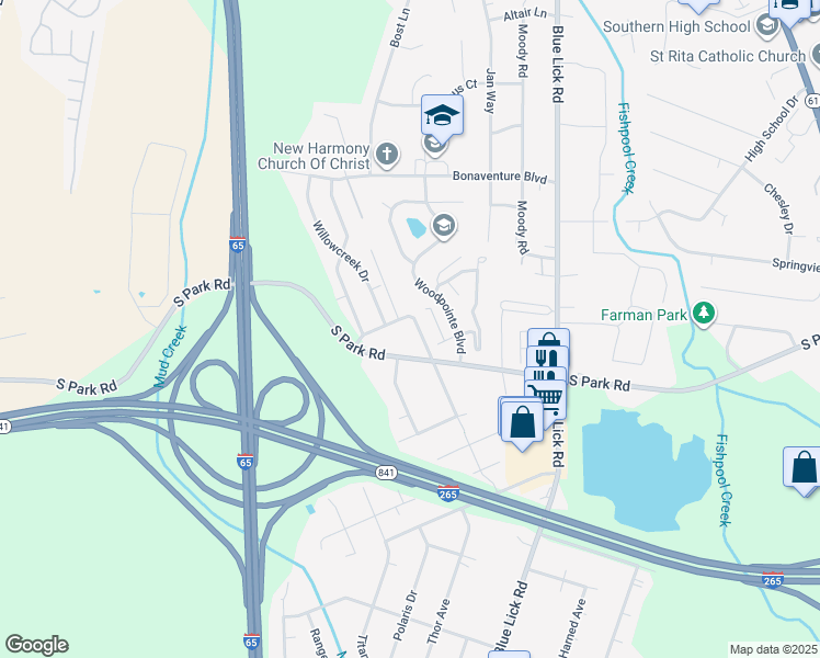 map of restaurants, bars, coffee shops, grocery stores, and more near 8928 Old South Park Road in Louisville