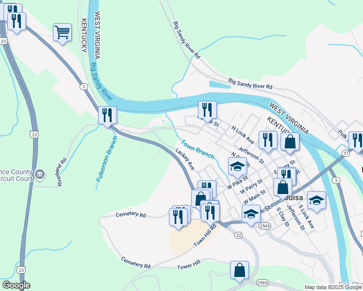 map of restaurants, bars, coffee shops, grocery stores, and more near 8 Lackey Avenue in Louisa