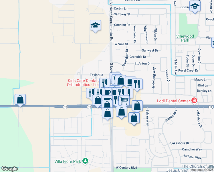 map of restaurants, bars, coffee shops, grocery stores, and more near in Lodi