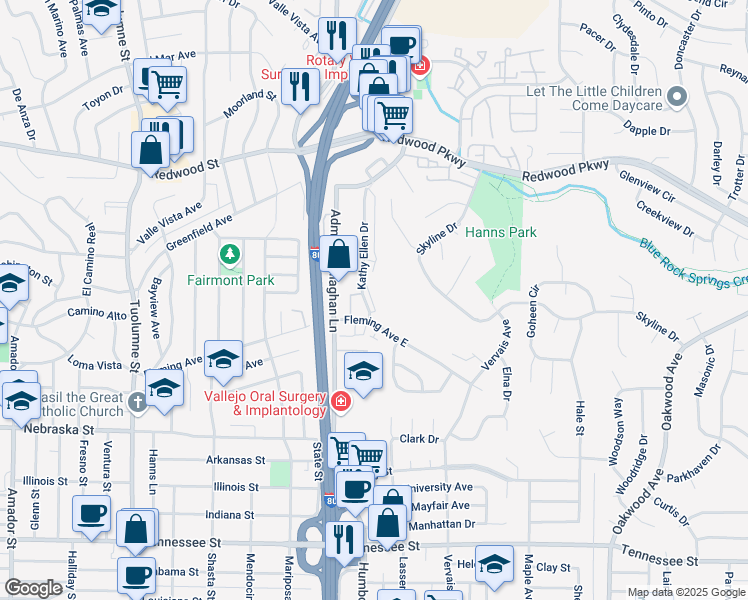 map of restaurants, bars, coffee shops, grocery stores, and more near 120 Kathy Ellen Drive in Vallejo