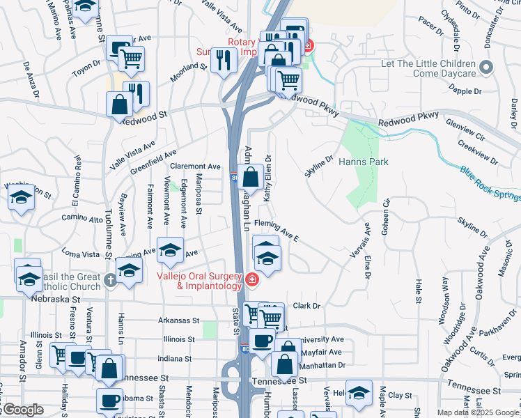 map of restaurants, bars, coffee shops, grocery stores, and more near 420 Admiral Callaghan Lane in Vallejo