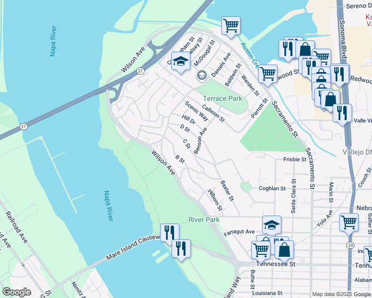map of restaurants, bars, coffee shops, grocery stores, and more near 162 B Street in Vallejo