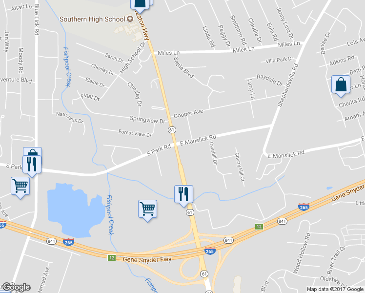 map of restaurants, bars, coffee shops, grocery stores, and more near 9201 Preston Highway in Louisville