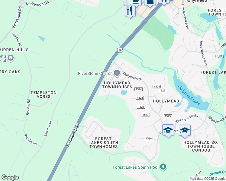 map of restaurants, bars, coffee shops, grocery stores, and more near 1105 Somer Chase Court in Charlottesville