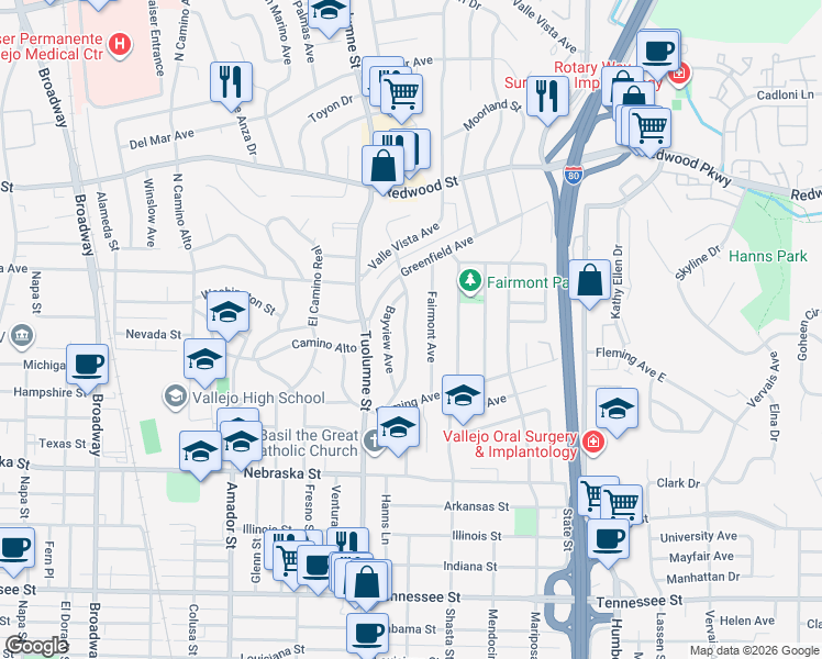 map of restaurants, bars, coffee shops, grocery stores, and more near 160 Mountain View Avenue in Vallejo