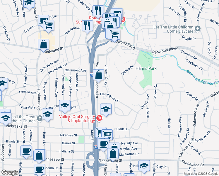 map of restaurants, bars, coffee shops, grocery stores, and more near 120 Kathy Ellen Drive in Vallejo